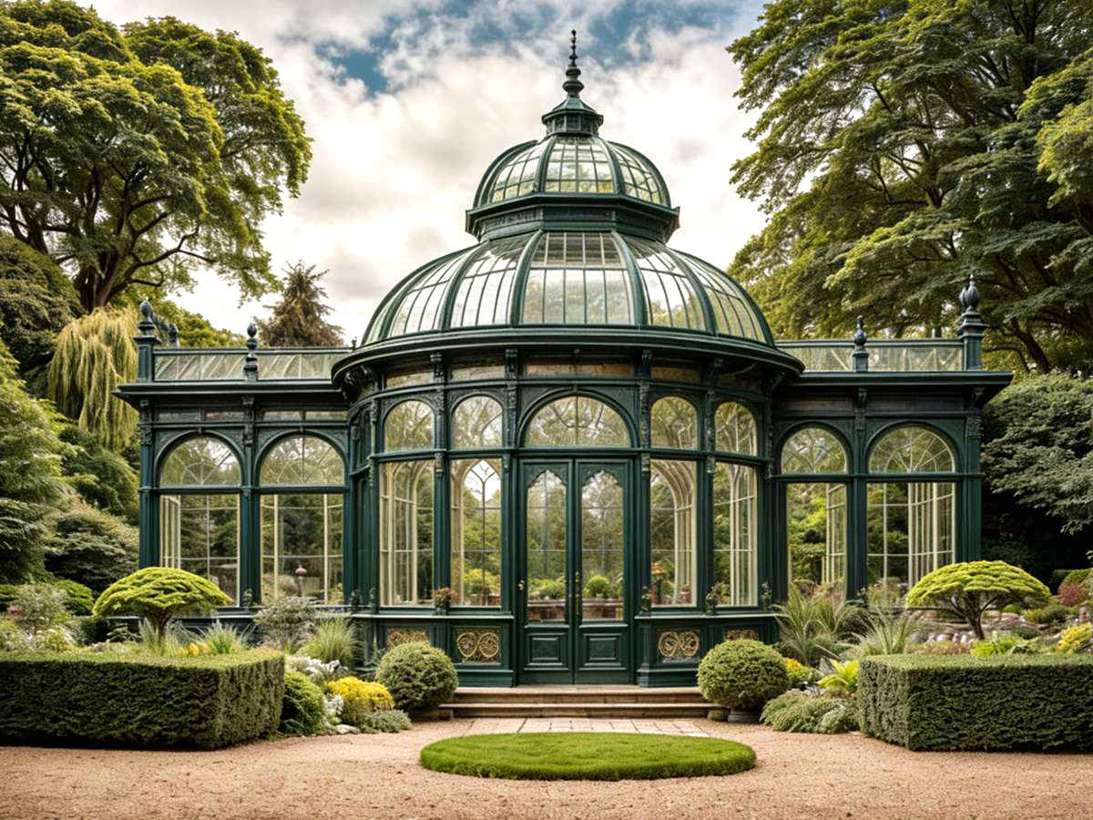 Victorian round dome steel conservatory dark‑green painted curved glass garden greenhouse with side wings in landscaped garden